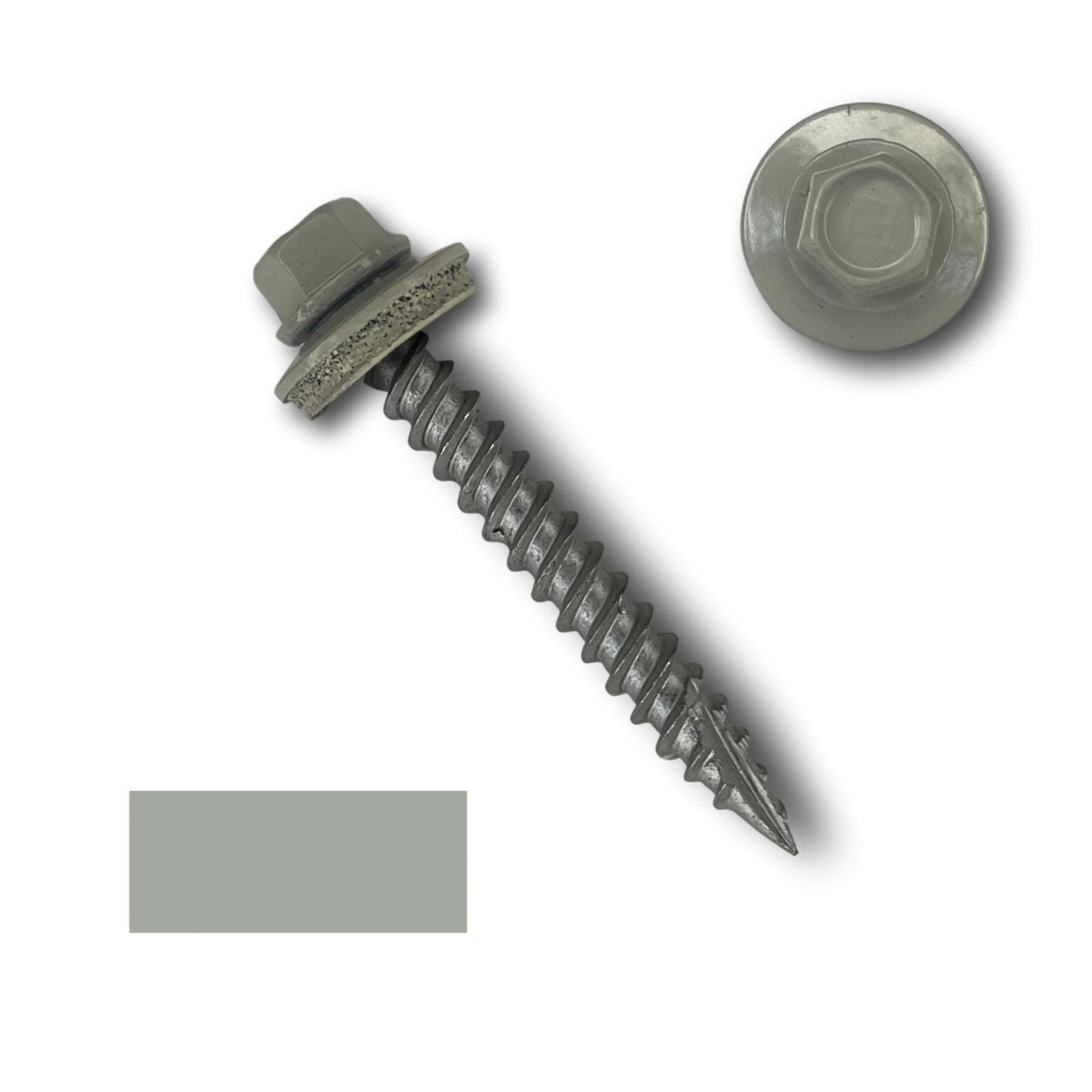 Close-up of a #10 Metal Roofing Screws (Metal-to-Wood) with an EPDM rubber washer and gasket from Perma Cover. The screw has a gray finish and wide course threads. Also shown is a separate top view of the screw head and a color swatch matching the screw's color.