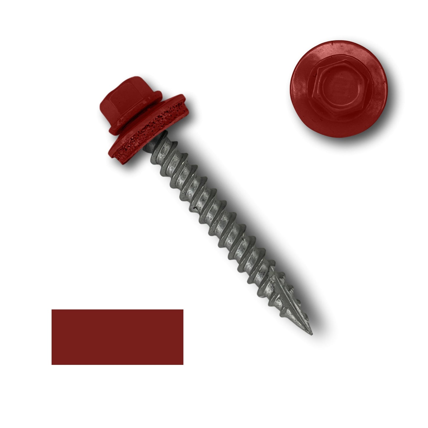 A red Perma Cover #10 Metal Roofing Screw (Metal-to-Wood) with a 1/4' hex head, washer, and self-tapping tip, displayed against a white background. A close-up view of the screw head with its wide course threads and an EPDM rubber washer is also shown alongside a color swatch of the same red hue.