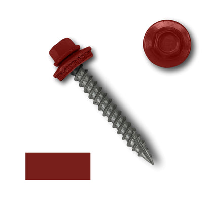 A red Perma Cover #10 Metal Roofing Screw (Metal-to-Wood) with a 1/4' hex head, washer, and self-tapping tip, displayed against a white background. A close-up view of the screw head with its wide course threads and an EPDM rubber washer is also shown alongside a color swatch of the same red hue.