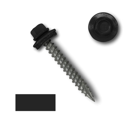 A silver screw with a black 1/4' hex head, featuring an EPDM rubber washer and attached ring, is shown at an angle. To the upper right, there is a top-down view of the head. A black rectangular shape is partially visible in the lower left corner. This product is identified as Perma Cover #10 Metal Roofing Screws (Metal-to-Wood).