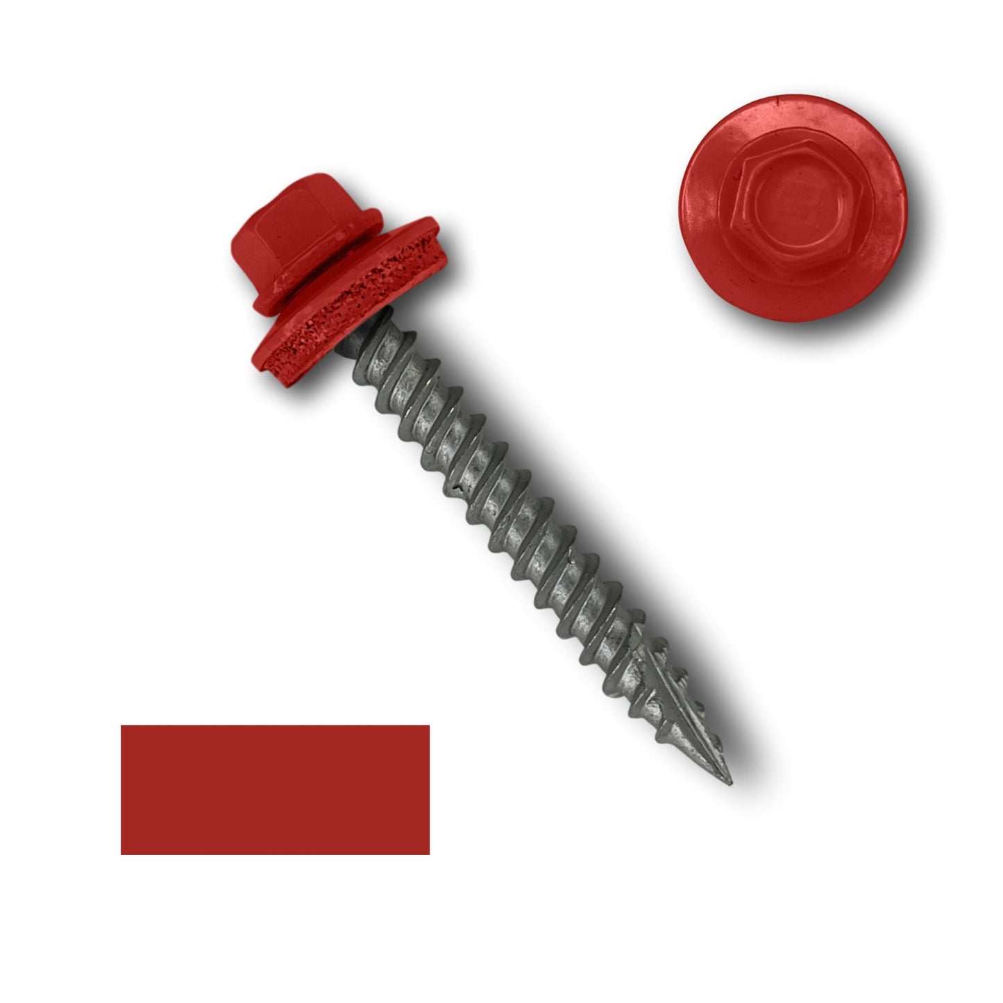 An image of a red #10 Metal Roofing Screws (Metal-to-Wood) by Perma Cover with a built-in washer and an EPDM rubber gasket. The screw features a partially threaded shank and 1/4" hex head. There is also a close-up view of the hex head and a red square color sample next to the screw, all on a white background.