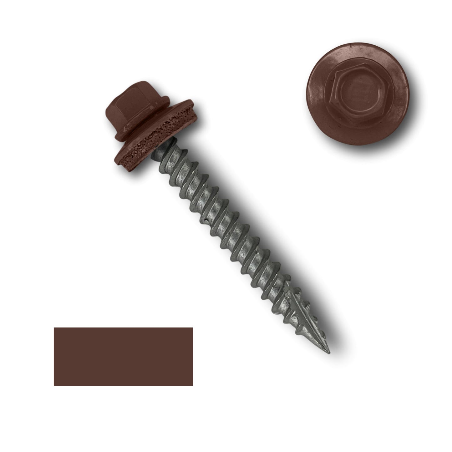 A brown 1/4" hex head self-tapping Perma Cover #10 Metal Roofing Screws (Metal-to-Wood) with wide course threads and an integrated EPDM rubber washer, designed for roofing applications. The image displays the screw both as a full item and a top view of the hex head, with a sample of the brown color shown at the bottom left.