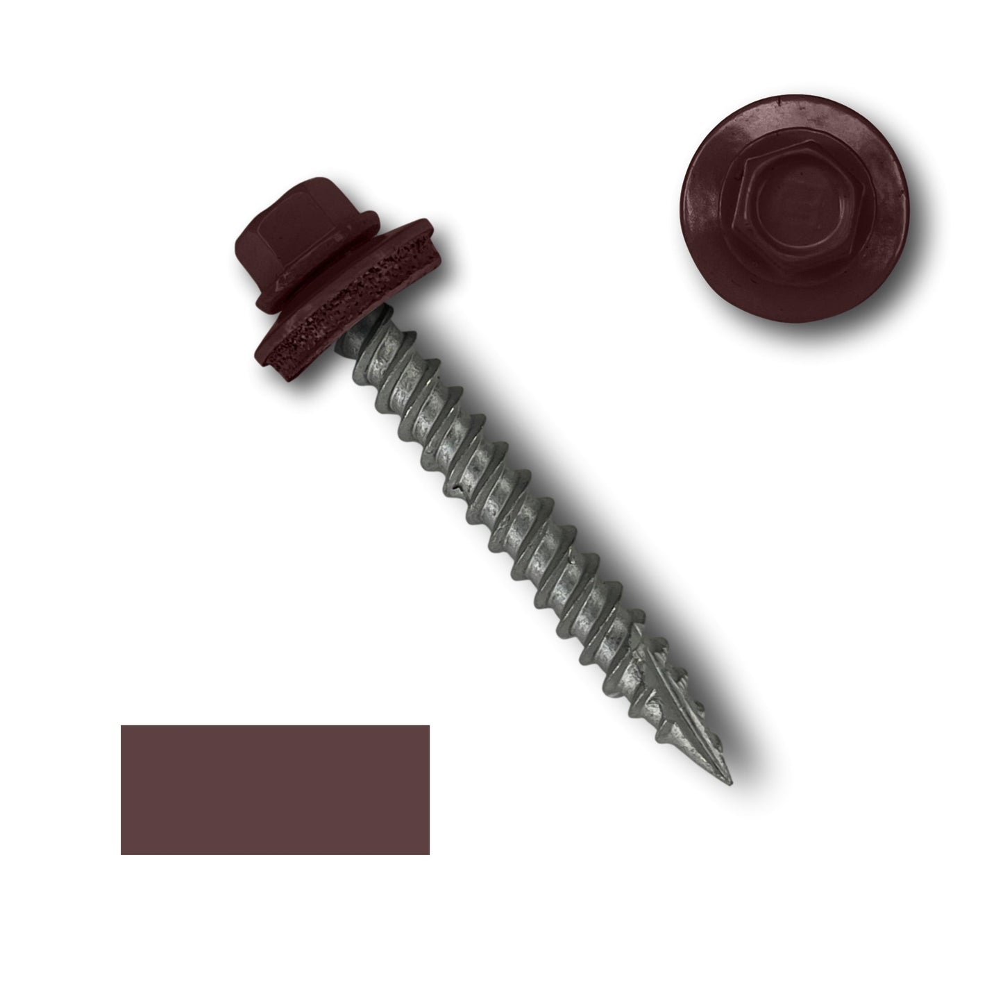 A #10 Metal Roofing Screws (Metal-to-Wood) from Perma Cover with a burgundy cap, matching EPDM rubber washer, and wide course threads is displayed. There is also a top-down view of the 1/4" hex head and a corresponding burgundy color swatch shown next to the screw for color reference.