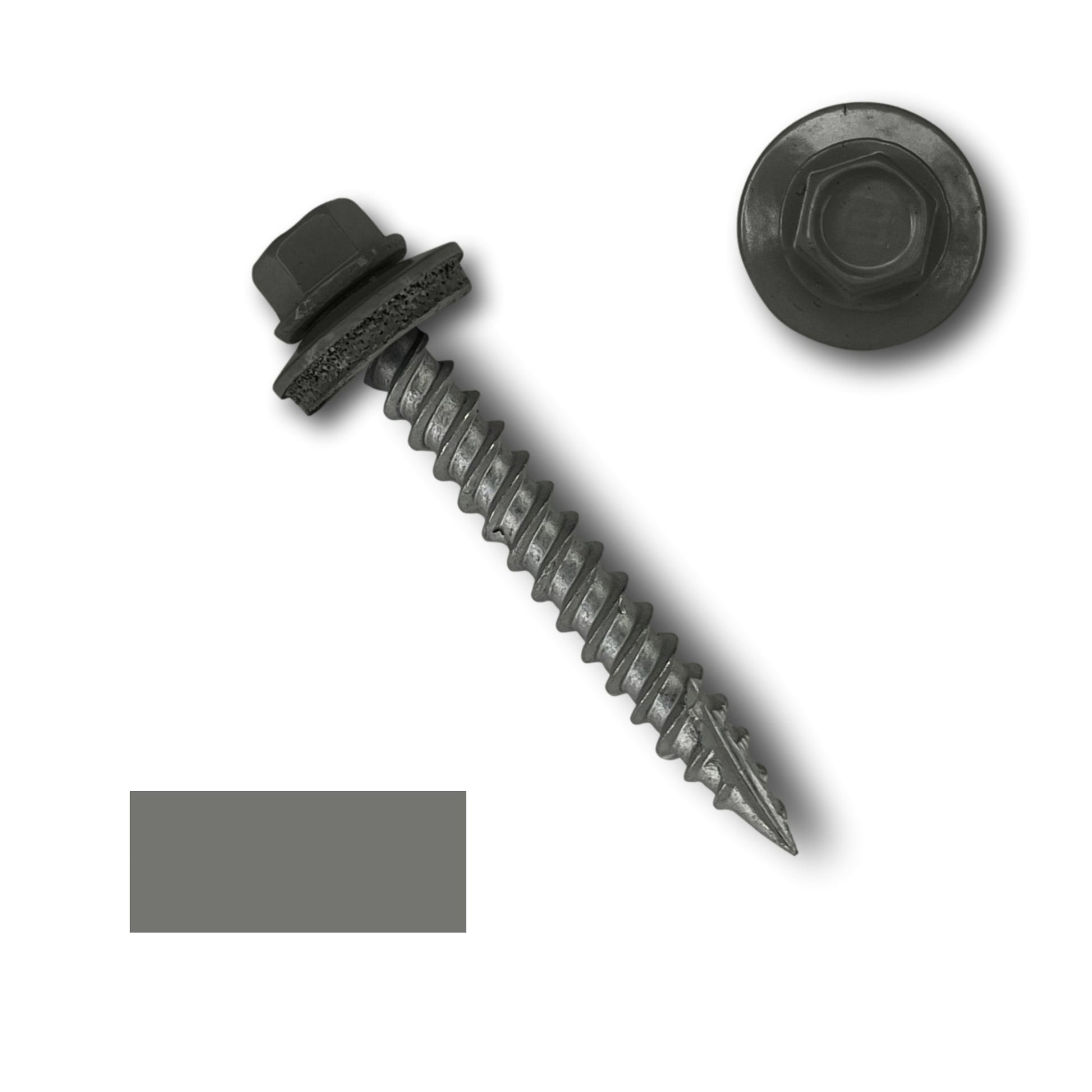 A black Perma Cover #10 Metal Roofing Screw (Metal-to-Wood) with a washer is shown at an angle, highlighting its wide course threads. To the right, the top view of the 1/4" hex head screw is displayed. A gray color swatch is visible in the bottom left corner of the image.