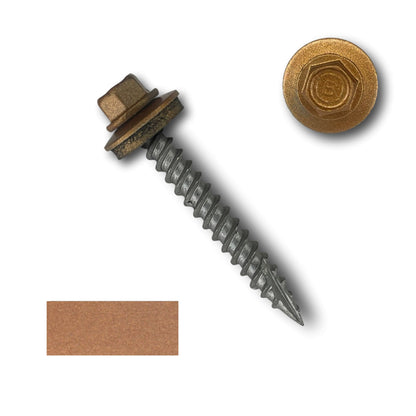 A close-up image of a #10 Metal Roofing Screws (Metal-to-Wood) by Perma Cover with an EPDM rubber washer, showcasing its wide coarse threads and head design. The 1/4" screw is displayed alongside a sample of the head's brown color and a top-down view of the hex head.