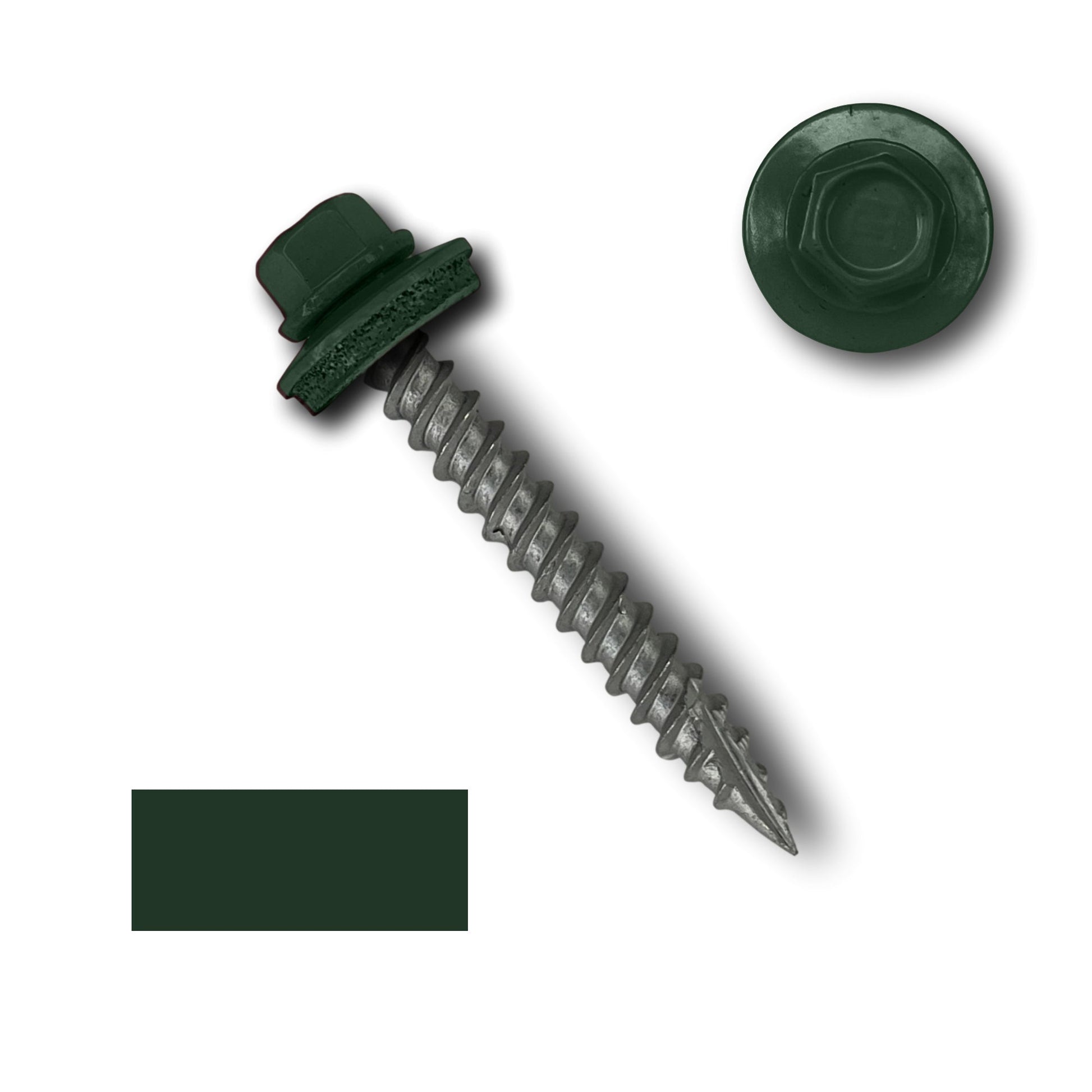 A green Perma Cover #10 Metal Roofing Screw (Metal-to-Wood) with wide coarse threads and an EPDM rubber washer is shown. The screw has a threaded body and a sharp tip. Next to it is a close-up of the 1/4' hex head and a swatch of green color, matching the head's color. The background is white.