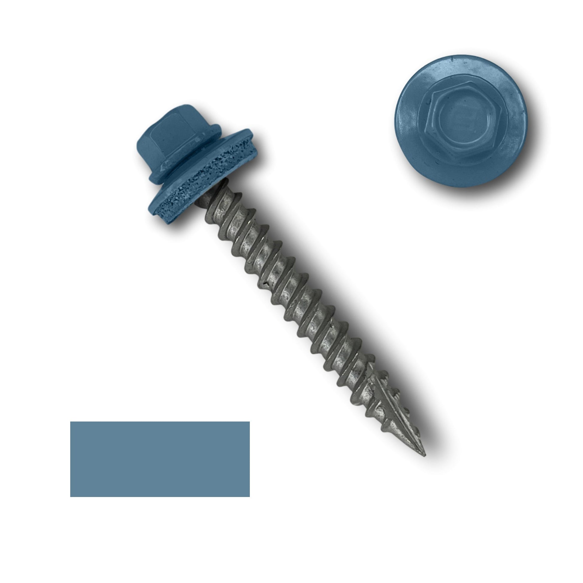 A Perma Cover #10 Metal Roofing Screw (Metal-to-Wood) featuring a 1/4" blue hexagonal head accompanied by an EPDM rubber washer. The screw boasts a sharp tip and wide course threads. A top-down view showcases the hexagonal head, and a matching solid blue color swatch is also visible.