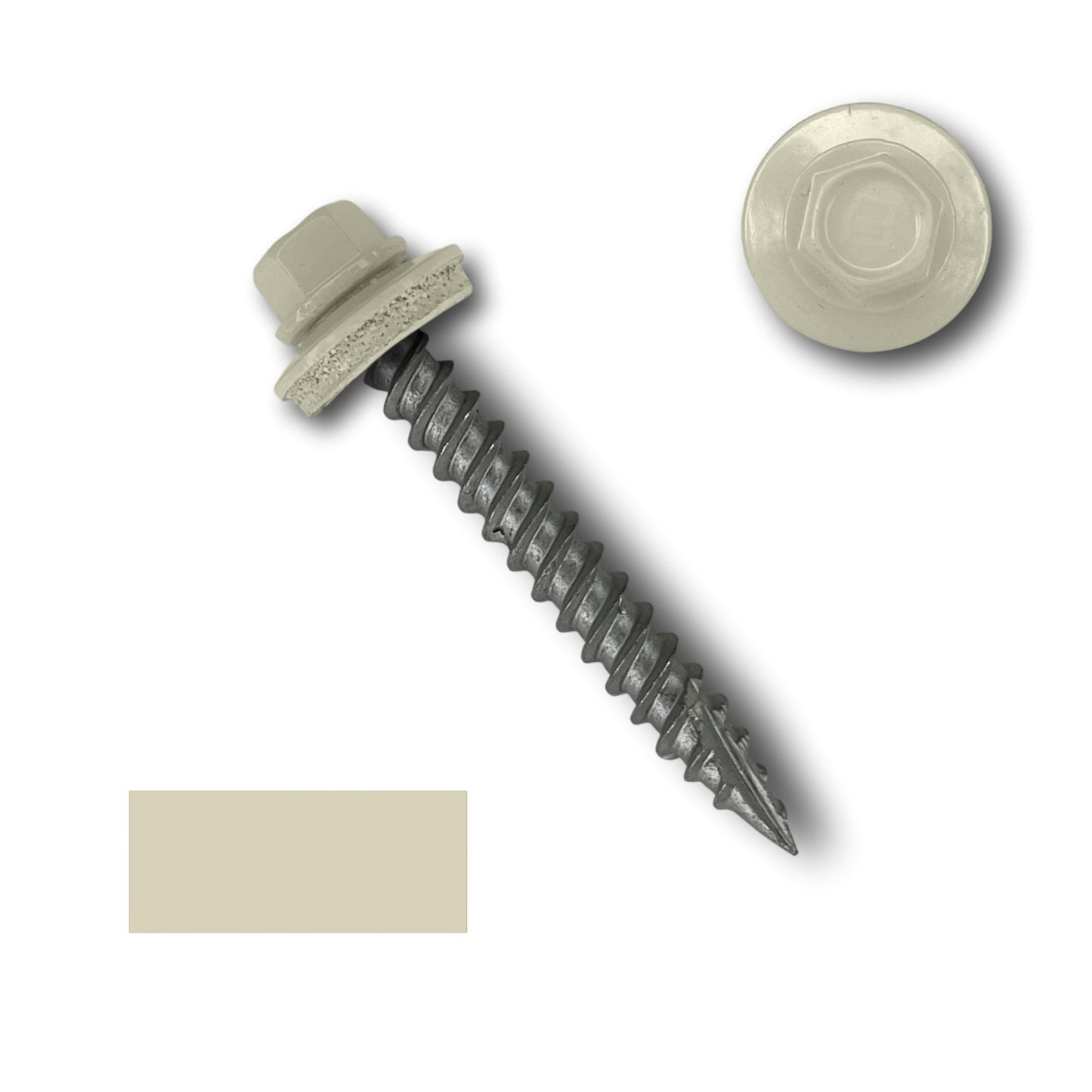 A #10 Metal Roofing Screw (Metal-to-Wood) from Perma Cover with a 1/4" hex head and an EPDM rubber washer is shown. The body of the screw features wide coarse threads, and the head is a light beige color. There is also a close-up of the head of the screw and a beige color swatch displayed next to it.