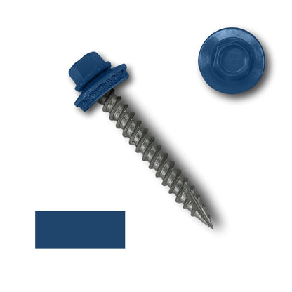 A close-up image of a blue hex washer head roofing screw with a rubber washer. The screw features wide course threads and a pointed tip. Beside it is the 1/4" hex head of another identical screw, shown in profile. There is also a small blue square color sample. Product Name: #10 Metal Roofing Screws (Metal-to-Wood). Brand Name: Perma Cover.