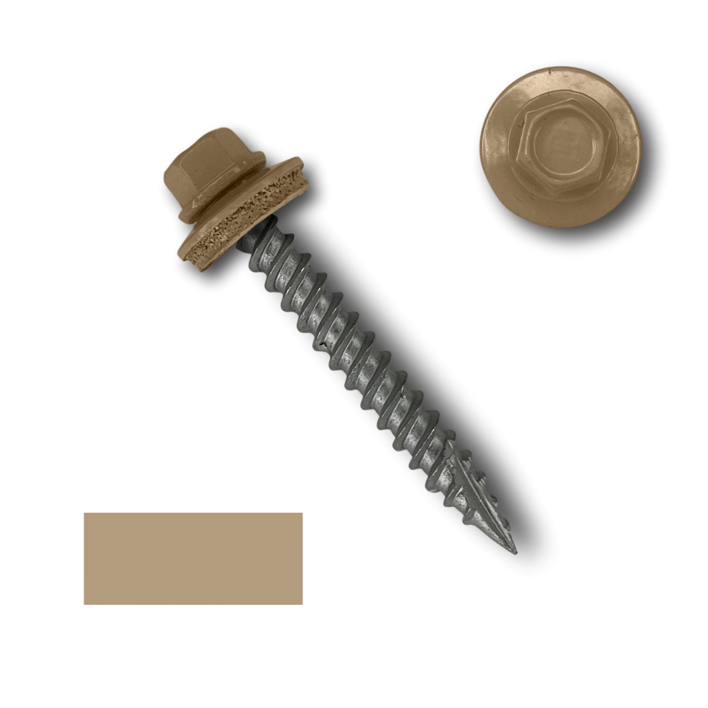 Perma Cover #10 Metal Roofing Screws (Metal-to-Wood) with a 1/4" hex head and an EPDM rubber washer, featuring a tan-colored cap and metal body. The image shows the screws in both angled and top-down views, alongside a color swatch matching the cap.