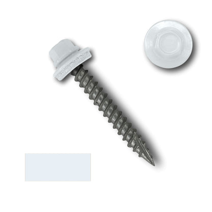 A #10 Metal Roofing Screw (Metal-to-Wood) by Perma Cover with a 1/4" hex head and an EPDM rubber washer attached. The screw is designed for fastening with wide course threads. To the right is a close-up view of the screw's head, highlighting its hexagonal shape.