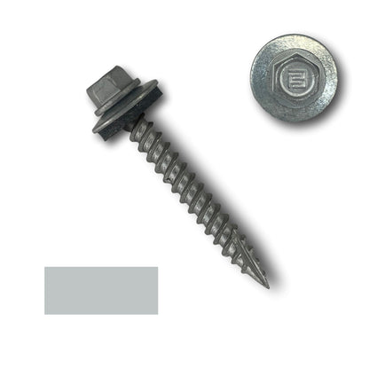 A Perma Cover #10 Metal Roofing Screws (Metal-to-Wood) with a 1/4' hex head and an EPDM rubber washer is shown. The screw has a sharp tip and threaded shaft. There is also a top view of the screw head displaying a hexagon shape in the center.