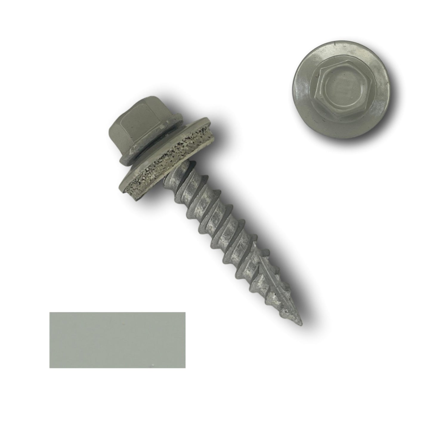 A close-up of a Perma Cover #10 Metal Roofing Screw (Metal-to-Wood) with wide coarse threads and a gray coating. The 1/4" hex head screw has an EPDM rubber washer attached to it and is placed at an angle. To the right, there is a top view of a similar screw. A small rectangular gray color sample is also shown on the bottom left.