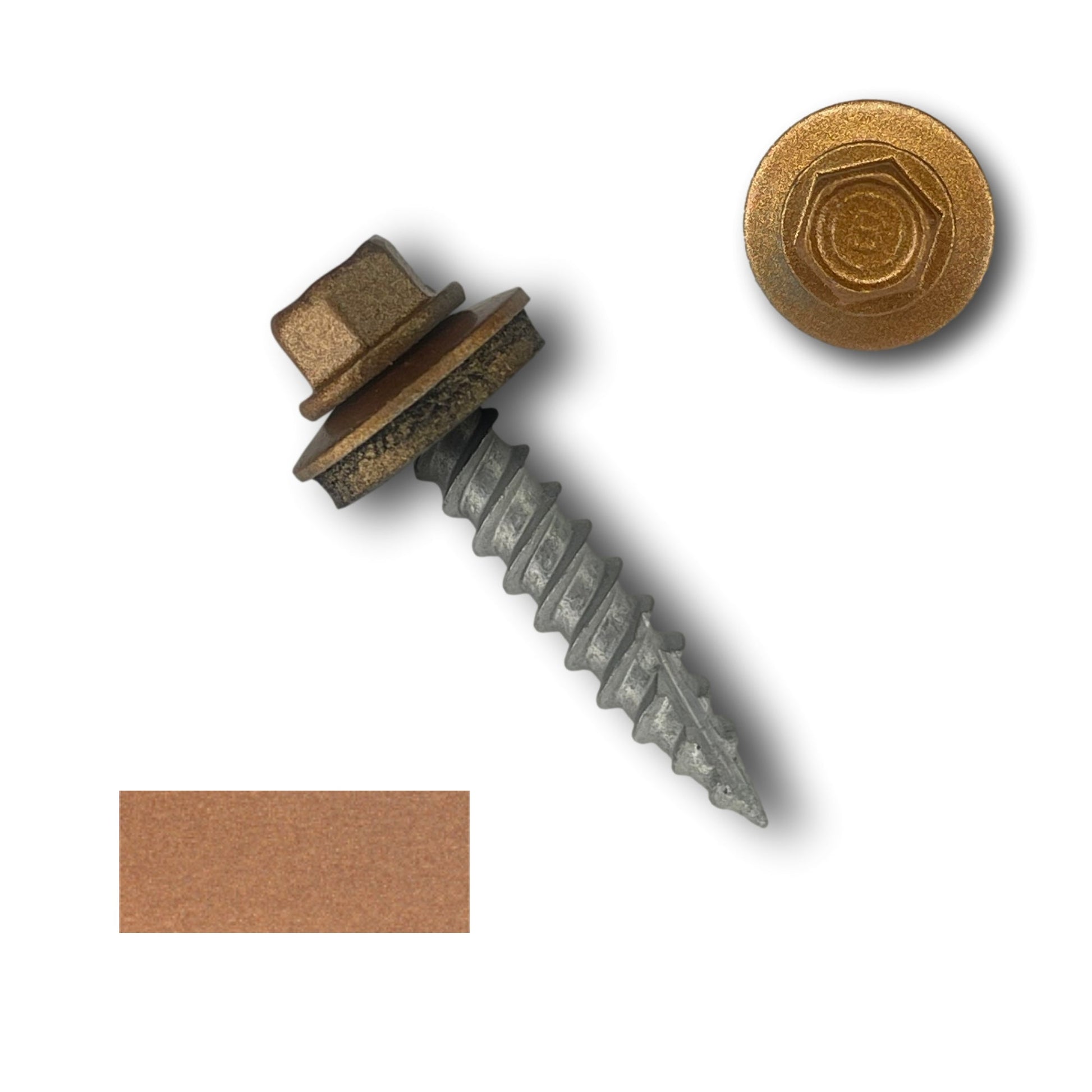 A close-up image of a Perma Cover #10 Metal Roofing Screws (Metal-to-Wood) with a washer featuring a metallic gold finish. The image prominently shows the 1/4' hex head and wide course threads, alongside an EPDM rubber washer. Additionally, there's a top-down view of the hex head and a small rectangular sample of the gold color.