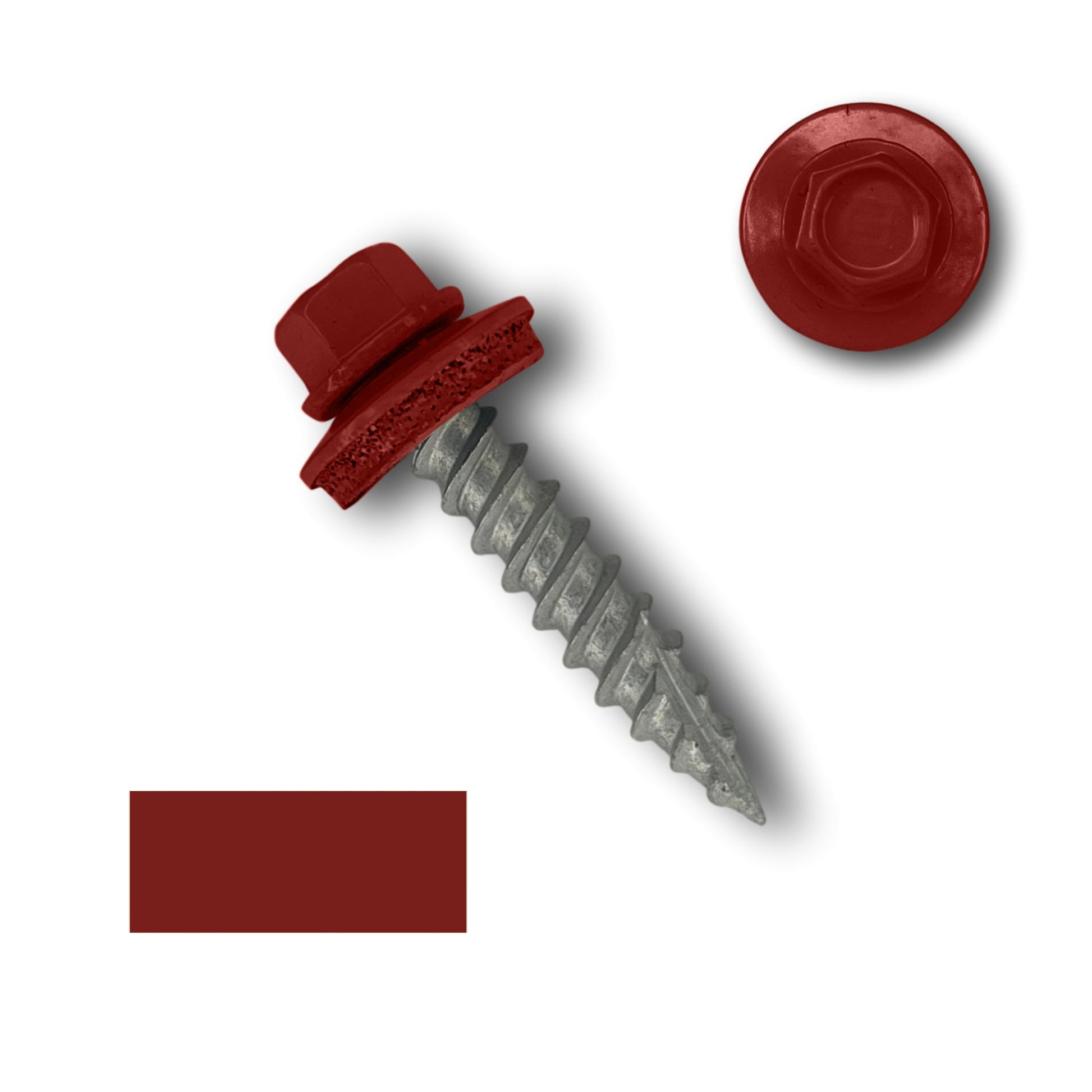 A #10 Metal Roofing Screws (Metal-to-Wood) by Perma Cover with wide course threads and an EPDM rubber washer is shown diagonally, threaded end pointing downwards. Another view of the screw head is displayed separately to the right, and a solid red square matching the screw's color is shown in the bottom left corner.