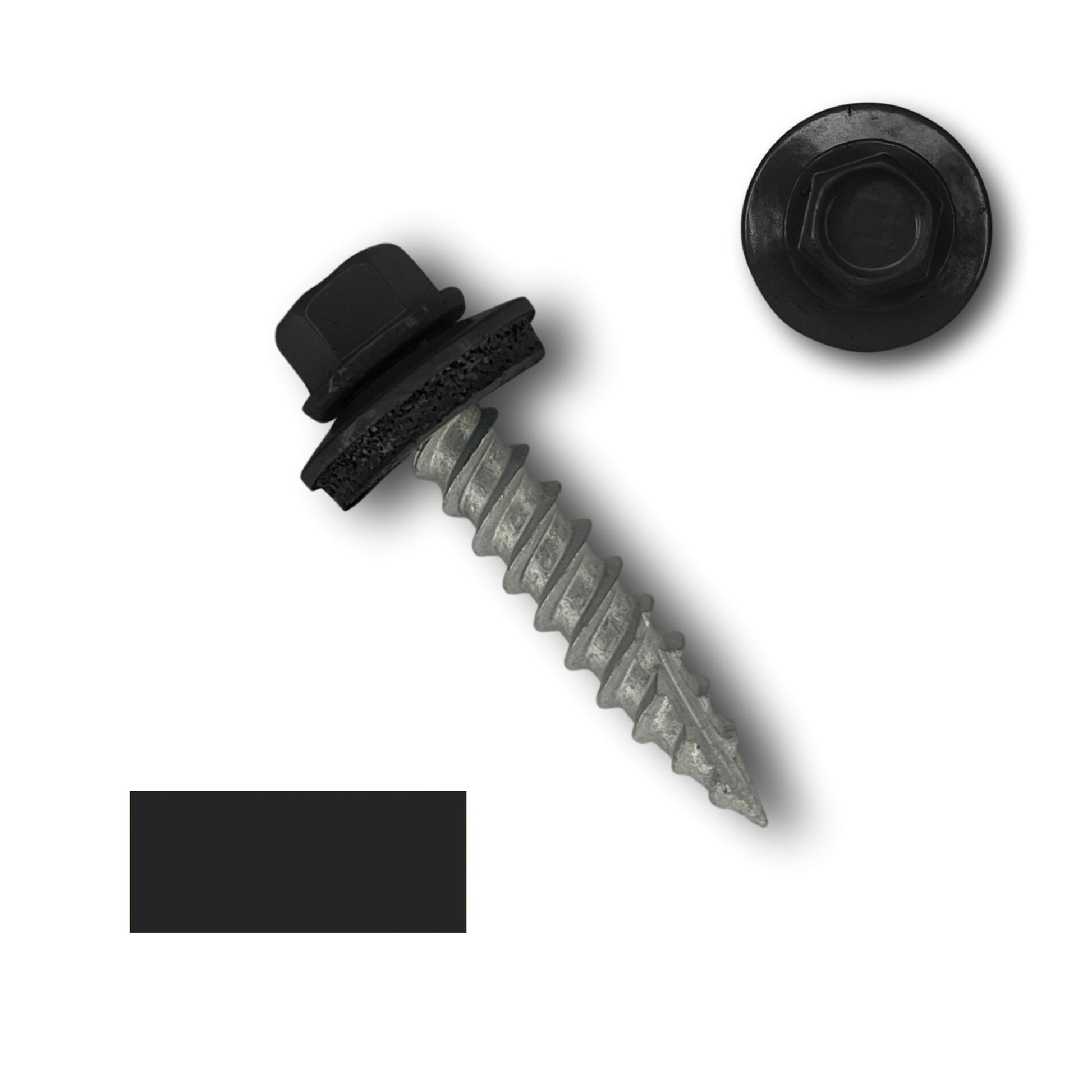 A #10 Metal Roofing Screws (Metal-to-Wood) by Perma Cover with a 1/4' hex head, wide course threads, and a self-drilling pointed tip is shown. The screw features an EPDM rubber washer and is paired with a loose matching black cap that snaps over the head. The metallic screw and durable washer ensure reliability in various applications.