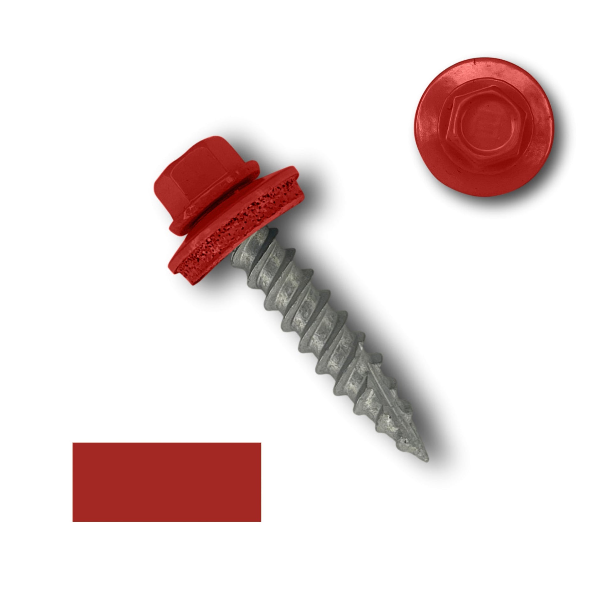 A red 1/4" hex head screw with wide course threads and an attached EPDM rubber washer is shown at an angle. Next to it is a top view of the screw's head. Below the objects is a red color swatch, matching the color of the screw head and washer. The background is plain white. The product shown is #10 Metal Roofing Screws (Metal-to-Wood) by Perma Cover.