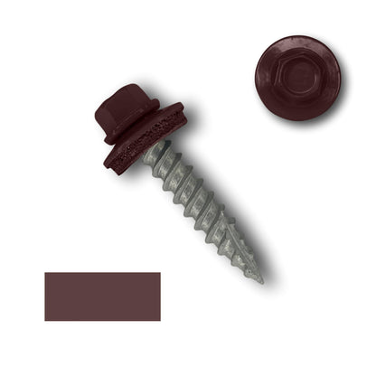 Image of a Perma Cover #10 Metal Roofing Screws (Metal-to-Wood) with a 1/4" hex head and a dark brown EPDM rubber washer. The maximum thickness the screw can penetrate is represented by three elements: an isolated top view of the head, the screw in profile, and a color swatch.