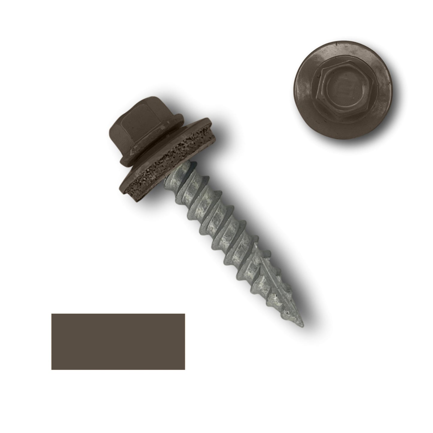 A close-up image shows a Perma Cover #10 Metal Roofing Screws (Metal-to-Wood) with a dark brown painted 1/4' hex head. The screw's threaded body, featuring wide course threads, is metallic. Above the screw is a separate view of the screw head. A dark brown rectangular color sample is shown to the left.