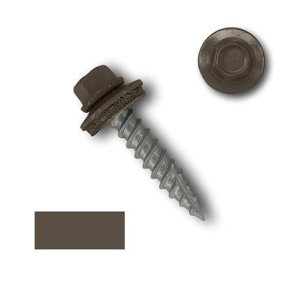 A close-up image shows a Perma Cover #10 Metal Roofing Screws (Metal-to-Wood) with a dark brown painted 1/4' hex head. The screw's threaded body, featuring wide course threads, is metallic. Above the screw is a separate view of the screw head. A dark brown rectangular color sample is shown to the left.