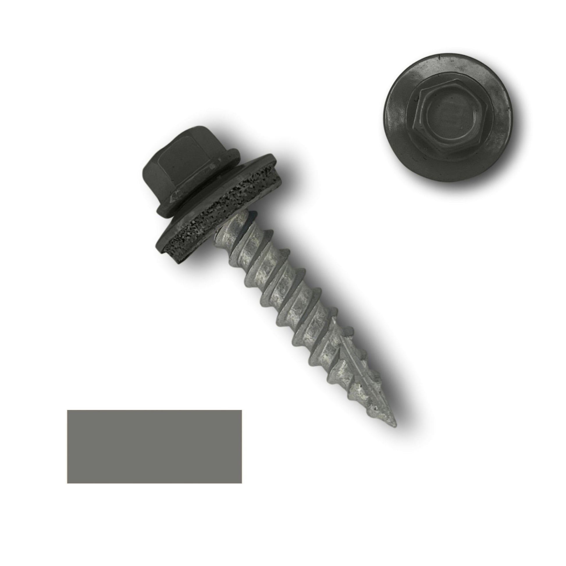 An angled view of a #10 Metal Roofing Screws (Metal-to-Wood) by Perma Cover with a 1/4" hex head featuring an EPDM rubber washer and gasket. Next to the screw is an overhead view of another similar screw head. Both have wide course threads and a metallic finish, displayed on a plain white background.