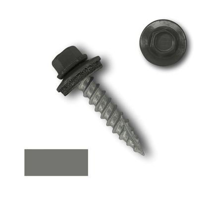 An angled view of a #10 Metal Roofing Screws (Metal-to-Wood) by Perma Cover with a 1/4" hex head featuring an EPDM rubber washer and gasket. Next to the screw is an overhead view of another similar screw head. Both have wide course threads and a metallic finish, displayed on a plain white background.