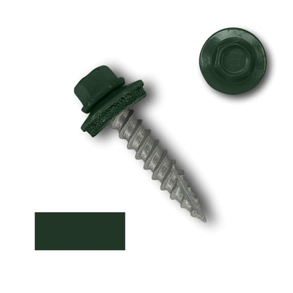 A green #10 Metal Roofing Screw (Metal-to-Wood) by Perma Cover with a 1/4" hex head, wide coarse threads, and an EPDM rubber washer, shown from two angles: a side view displaying the entire screw and a top view focusing on the hex head. A small green square is present at the bottom left of the image.