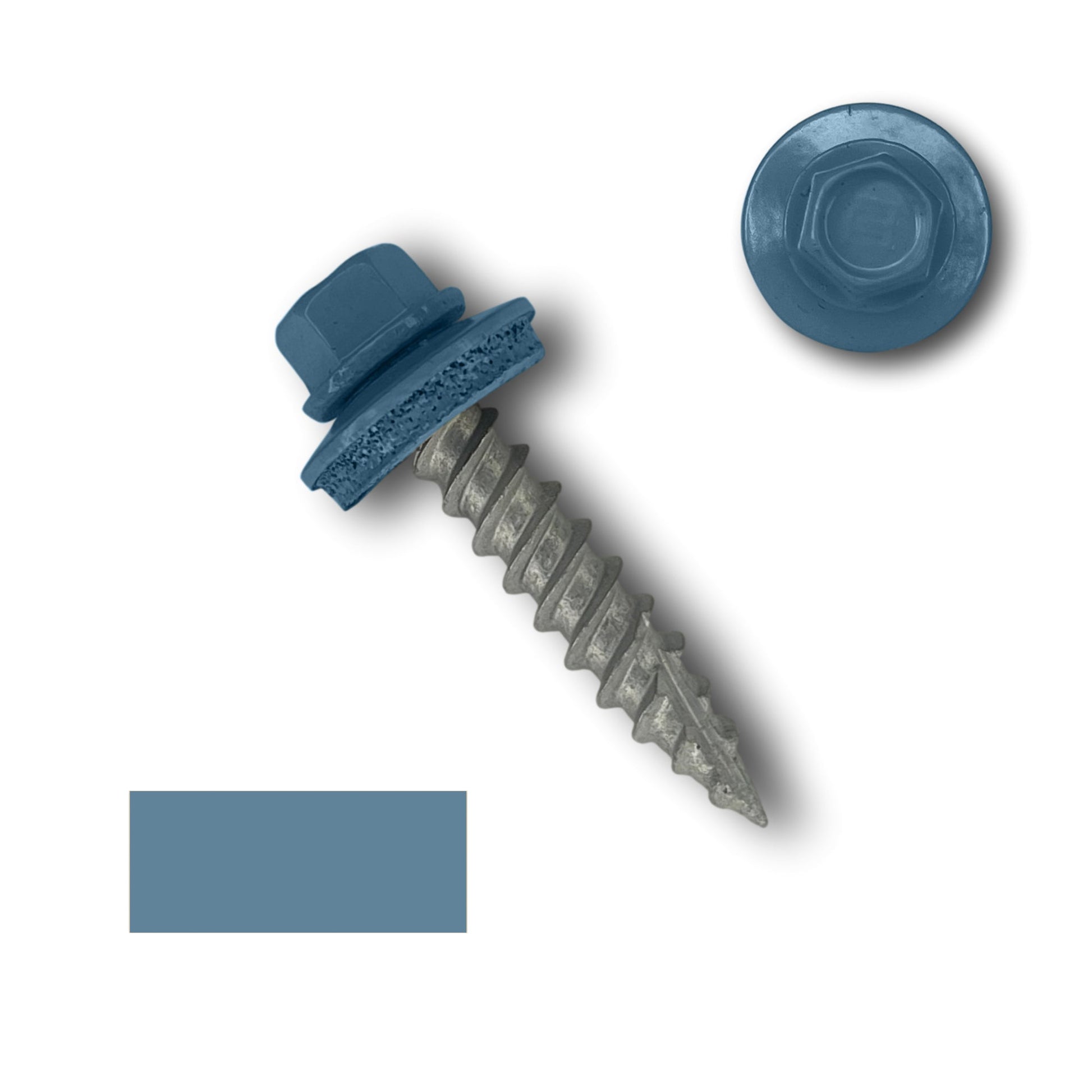 A blue #10 Metal Roofing Screw (Metal-to-Wood) by Perma Cover with an EPDM rubber washer is shown at an angle on a white background. The image includes a top view of the screw head and washer, as well as a color swatch matching the screw head's blue color.