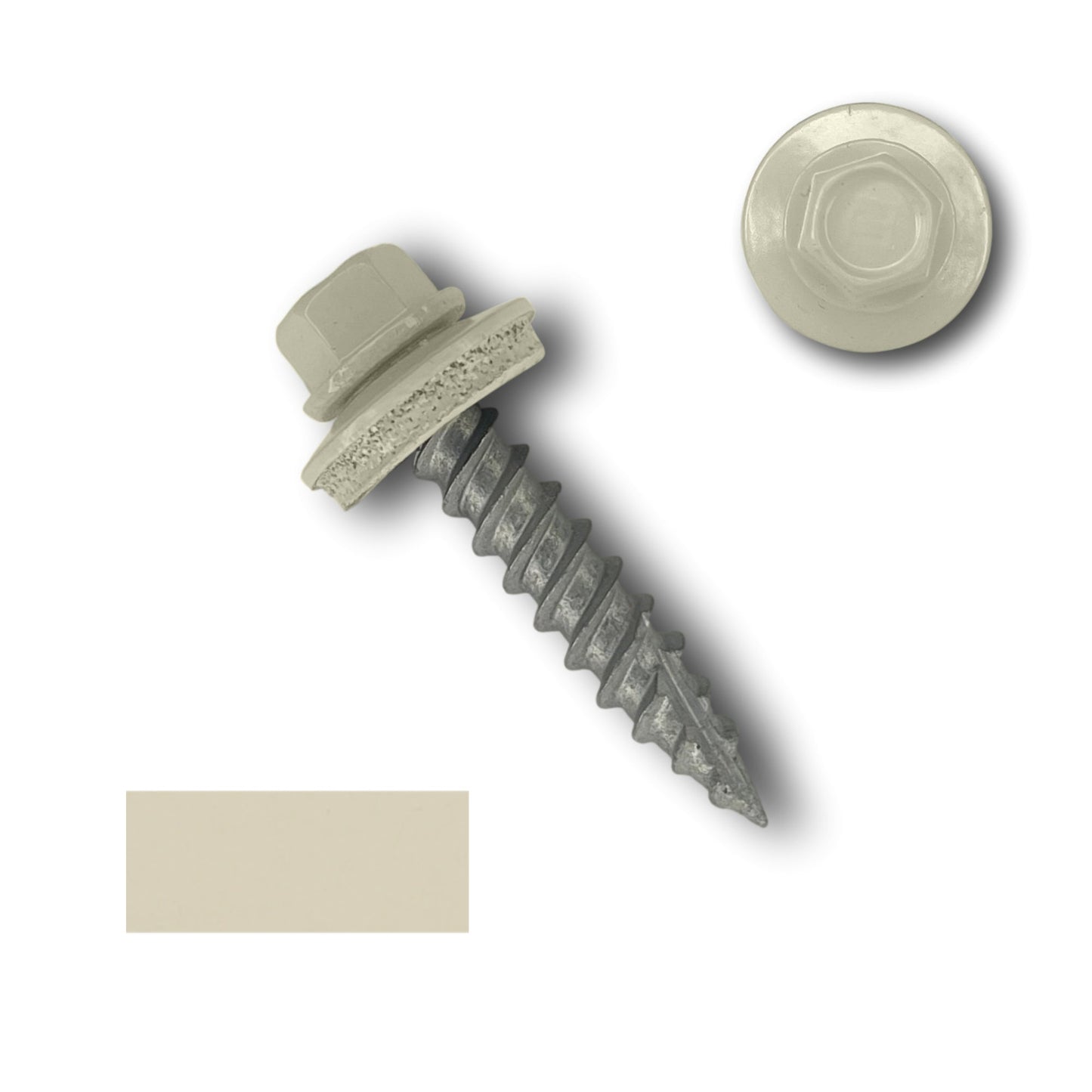 A close-up image of a Perma Cover #10 Metal Roofing Screws (Metal-to-Wood) with an EPDM rubber washer. The 1/4" hex head is painted beige, and the screw sports wide coarse threads on its silver body. The top view of the screw head and a rectangular sample of the paint color are shown beside it.