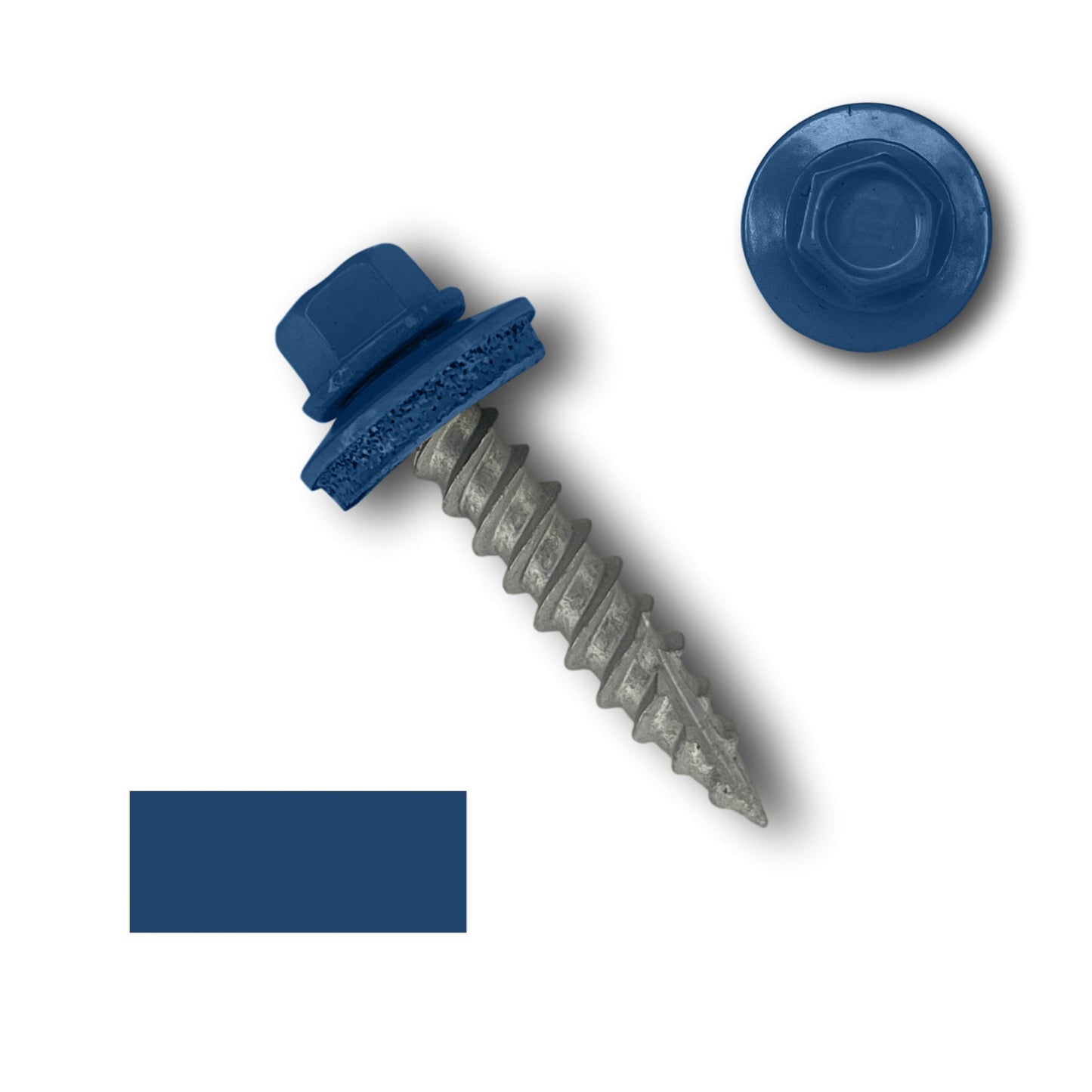 A Perma Cover #10 Metal Roofing Screw (Metal-to-Wood) with wide course threads and a painted blue head, suitable for roofing applications. The image includes a close-up of the screwdriver slot and an overhead view of the screw head along with a sample of the blue color used.