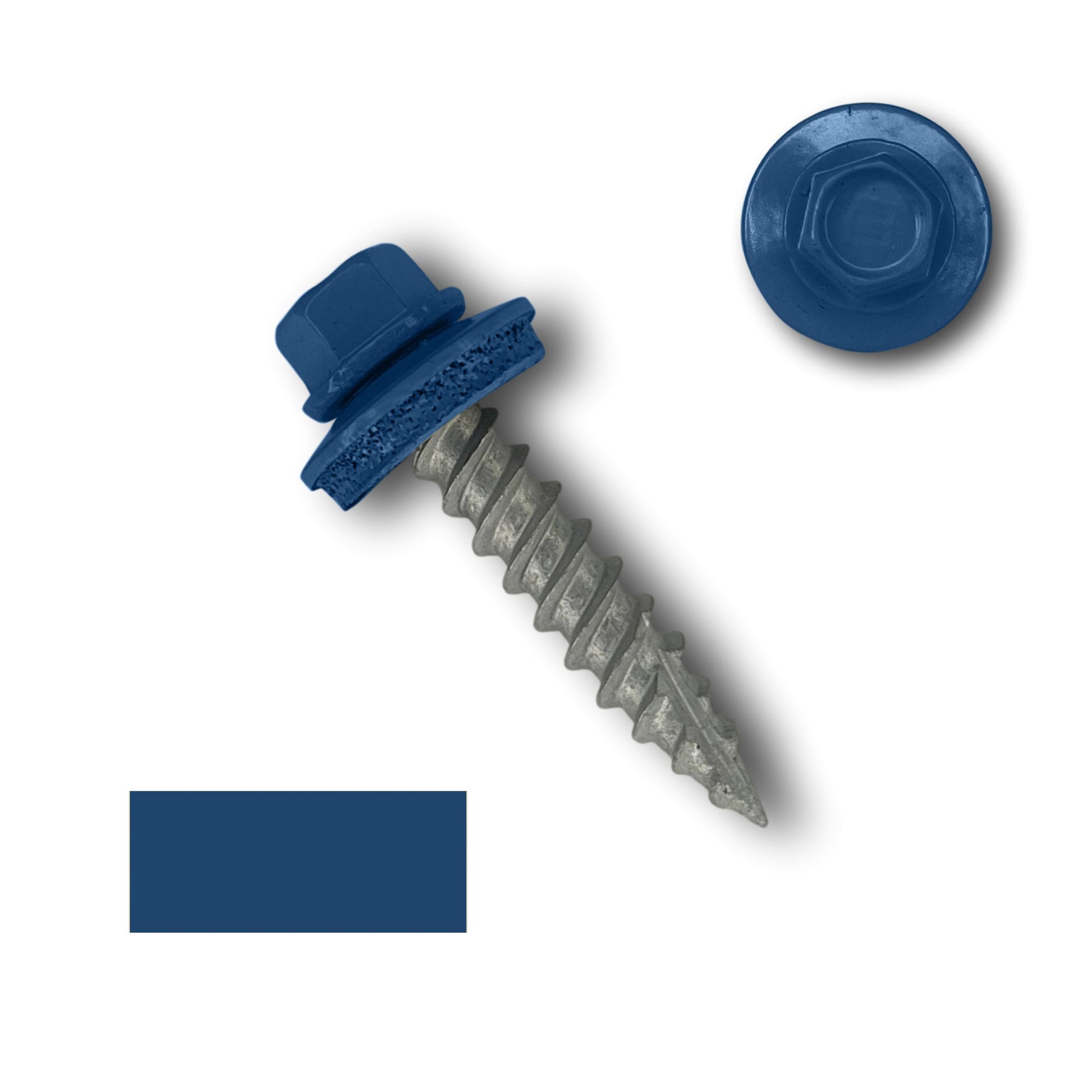 A Perma Cover #10 Metal Roofing Screw (Metal-to-Wood) with wide course threads and a painted blue head, suitable for roofing applications. The image includes a close-up of the screwdriver slot and an overhead view of the screw head along with a sample of the blue color used.