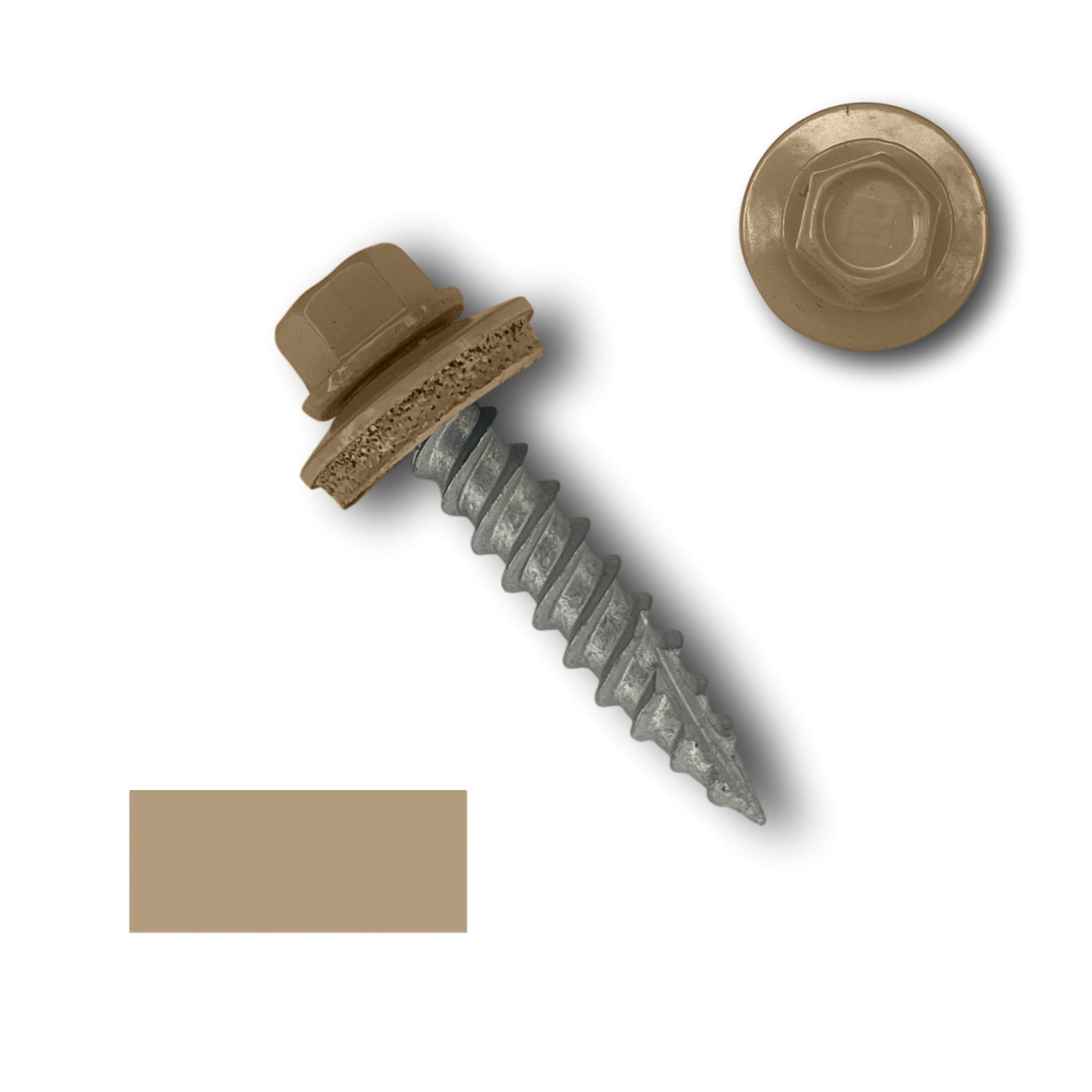 A brown 1/4' hex head self-drilling roofing screw with wide course threads, an attached EPDM rubber washer, and a rubber gasket is shown on a white background. The head of the screw is displayed both in a side view with the full screw and separately in a top view. A swatch of the head color is also visible. This product is called #10 Metal Roofing Screws (Metal-to-Wood) by Perma Cover.