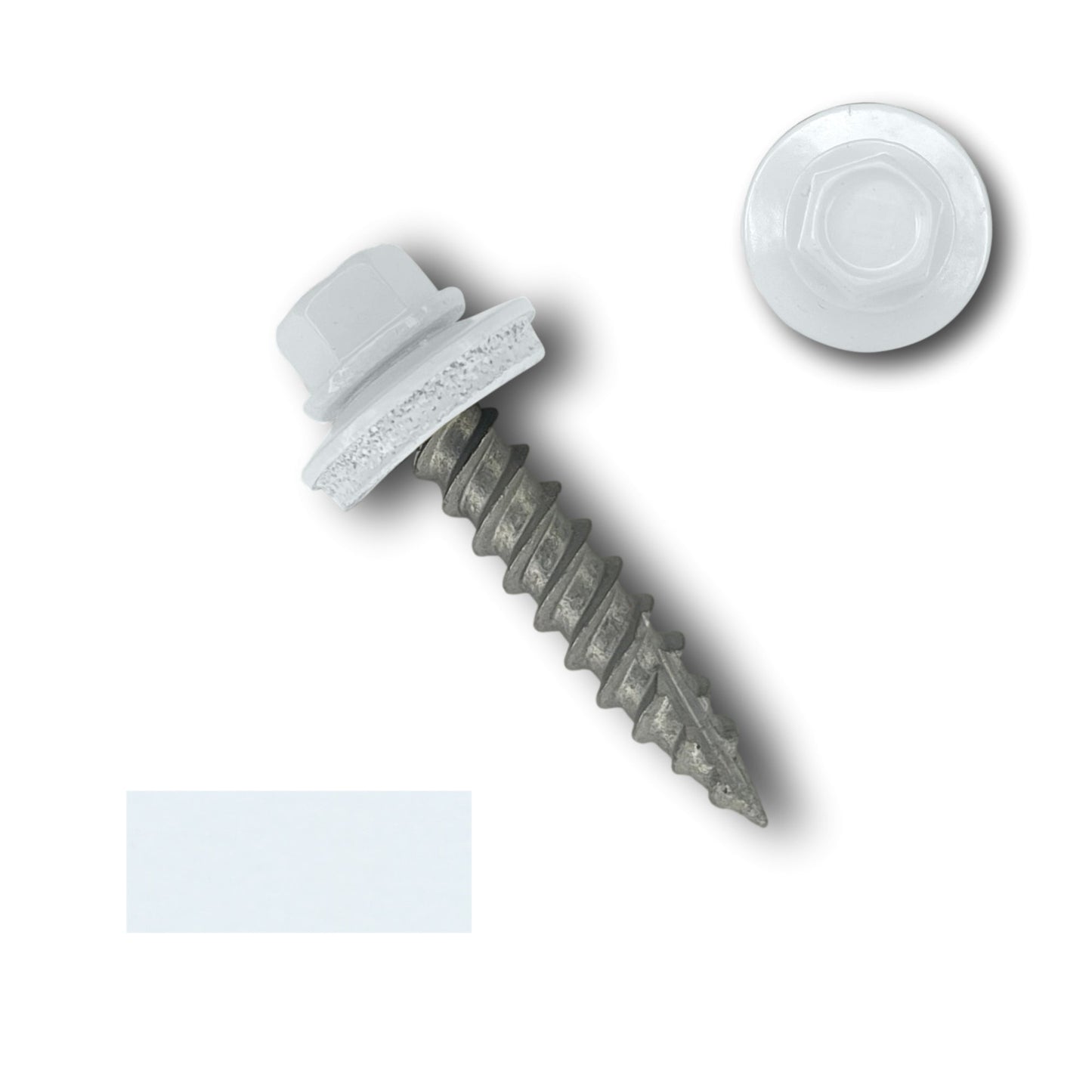 A Perma Cover #10 Metal Roofing Screw (Metal-to-Wood) with a 1/4' hex head, washer, and pointed tip is shown. The screw has wide course threads and a textured grip on the shaft for fastening. An EPDM rubber washer accompanies it. Next to it, there's a top-down view of the screw, displaying the hexagonal head and washer. A white rectangle is also visible.