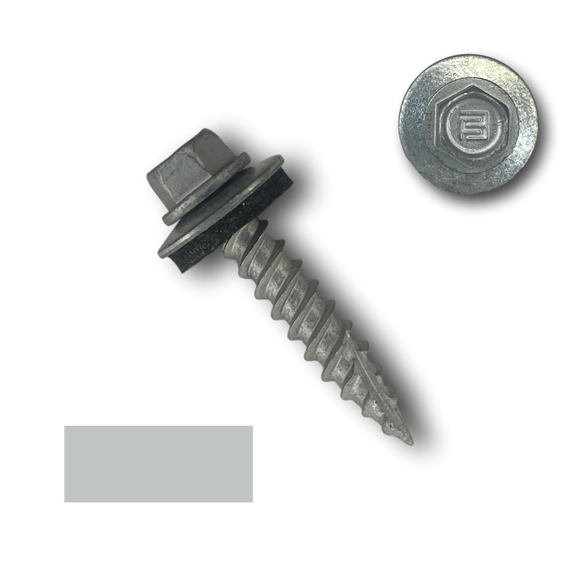 A #10 Metal Roofing Screw (Metal-to-Wood) from Perma Cover with a washer and a threaded, pointed tip is shown. The screw, featuring wide coarse threads, has a metallic finish and an EPDM rubber washer. Additionally, there is a view of the top of the 1/4' hex head with a hexagonal socket, alongside a small solid color square.