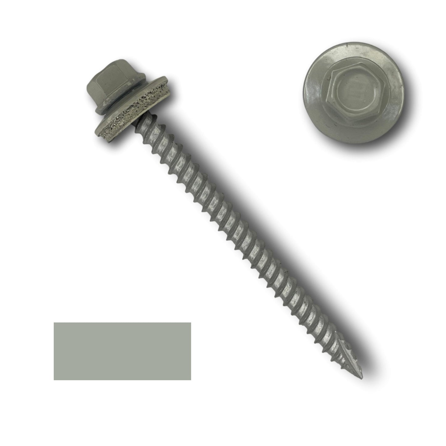 A gray 1/4' hex head self-drilling screw with wide course threads and an EPDM rubber washer is shown against a white background. The screw is angled diagonally, with the pointed tip at the bottom right. A close-up of the hexagonal head is displayed in the upper right corner. A color swatch is at the bottom left. This particular screw is a #10 Metal Roofing Screws (Metal-to-Wood) from Perma Cover.