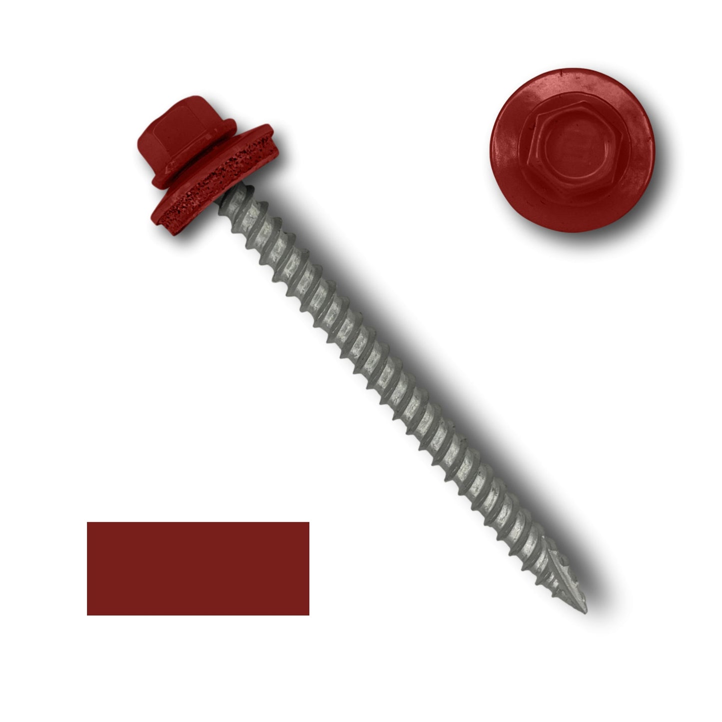 Image of a red Perma Cover #10 Metal Roofing Screws (Metal-to-Wood) with a washer. The screw has a metallic threaded shaft, featuring wide course threads, and the head is coated in red. It includes an EPDM rubber washer for durability. Next to the screw, there is a top view of the 1/4' hex head and a red color swatch.