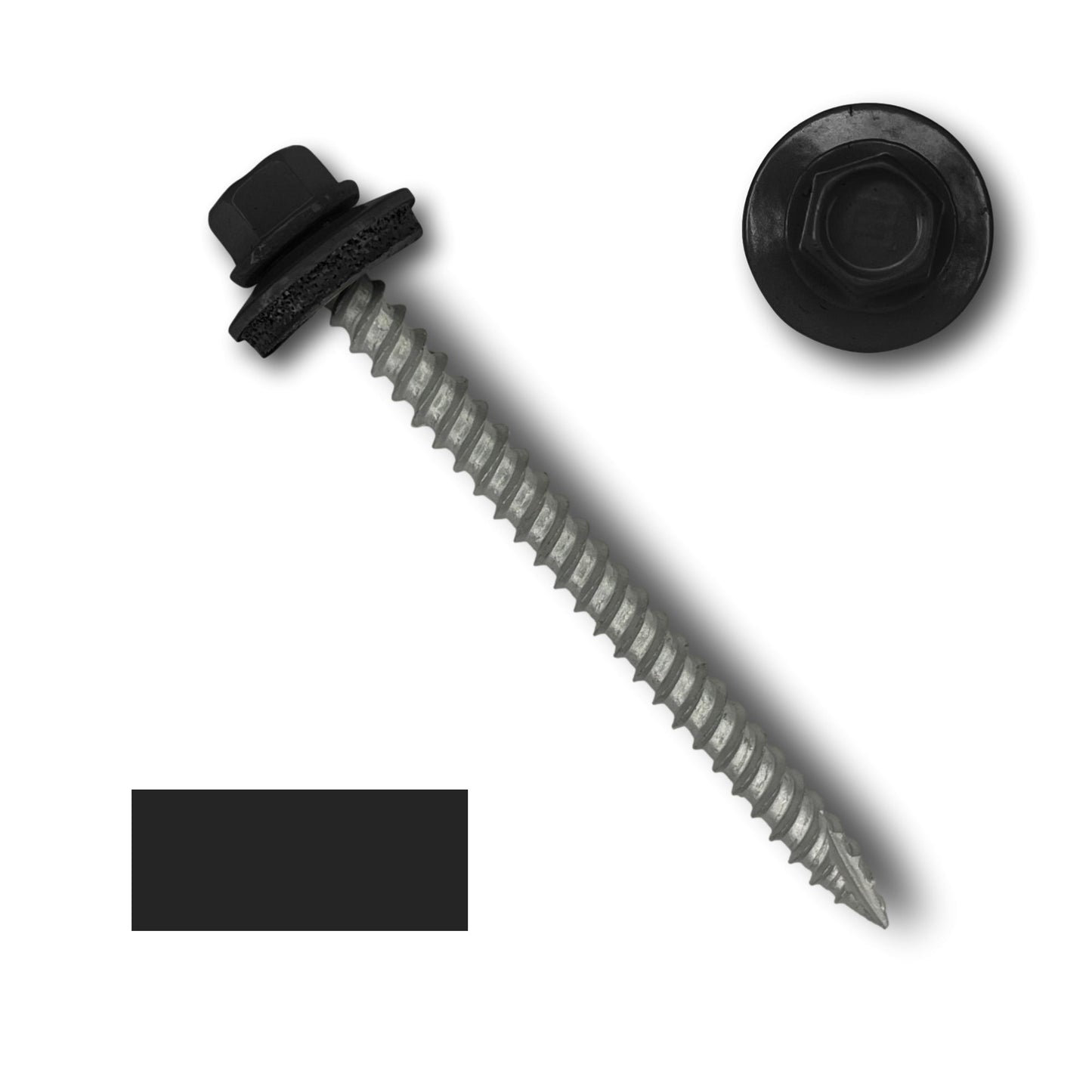 Close-up of a #10 Metal Roofing Screws (Metal-to-Wood) with an EPDM rubber washer and rubber seal, featuring wide course threads that are silver in color. The hex head is black. A top-down view of the screw’s head is also shown next to the screw. The background is white. This product is by Perma Cover.