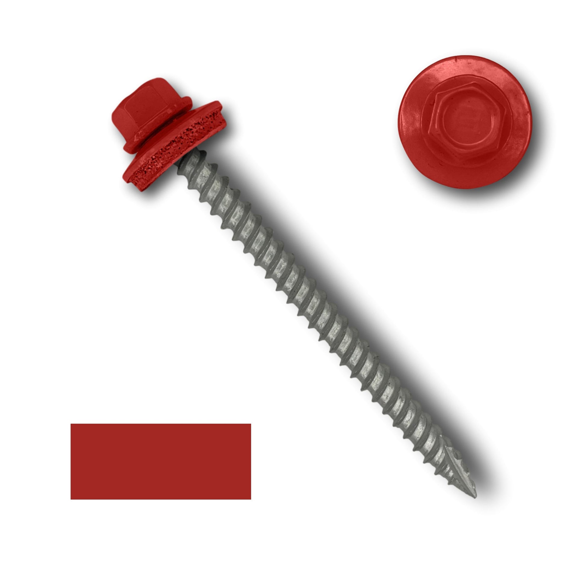 A close-up image of a red 1/4" hex head metal screw featuring an EPDM rubber sealing washer attached just below the head. The screw has a pointed, threaded shaft with wide coarse threads. Next to the screw, a top-down view of the hex head and a red rectangular color sample are shown.

#10 Metal Roofing Screws (Metal-to-Wood) by Perma Cover