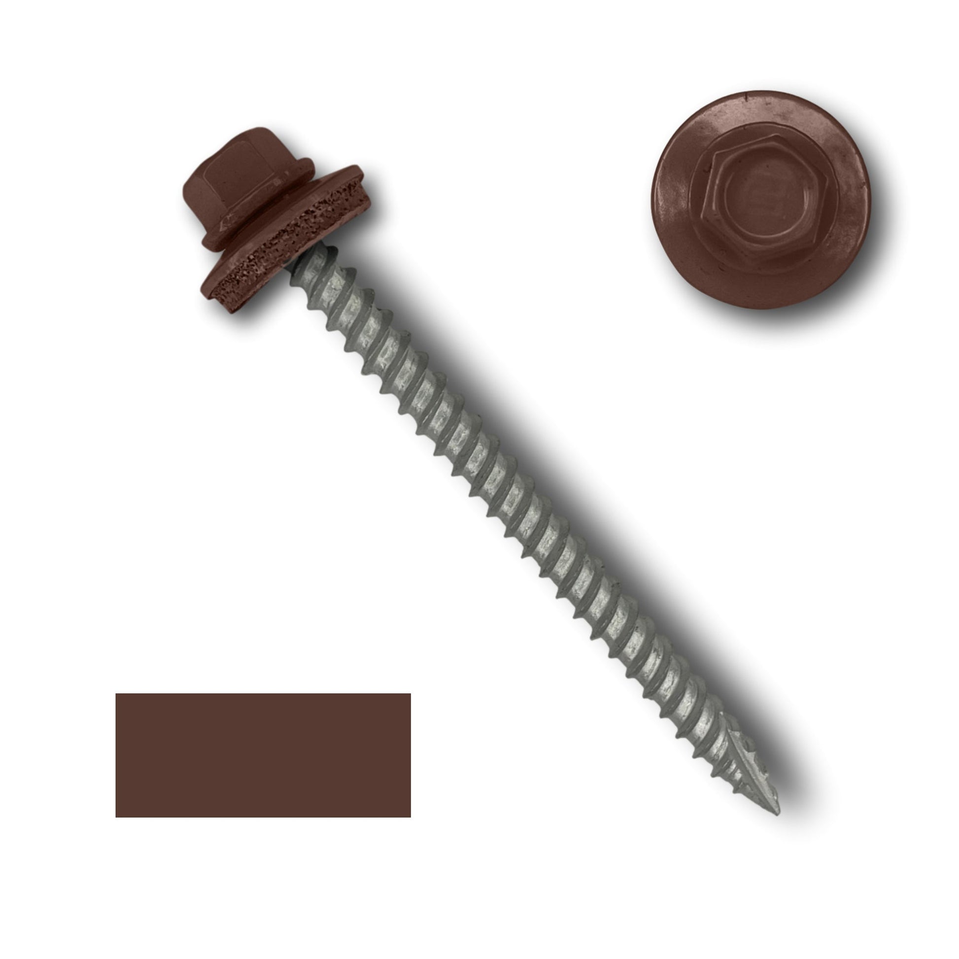 A brown 1/4" hex head screw with an EPDM rubber washer and gasket attached, shown from a side angle and a top-down view. The background is white, and a brown color swatch is displayed near the screw. The wide coarse threads enhance durability. This is the #10 Metal Roofing Screws (Metal-to-Wood) by Perma Cover.