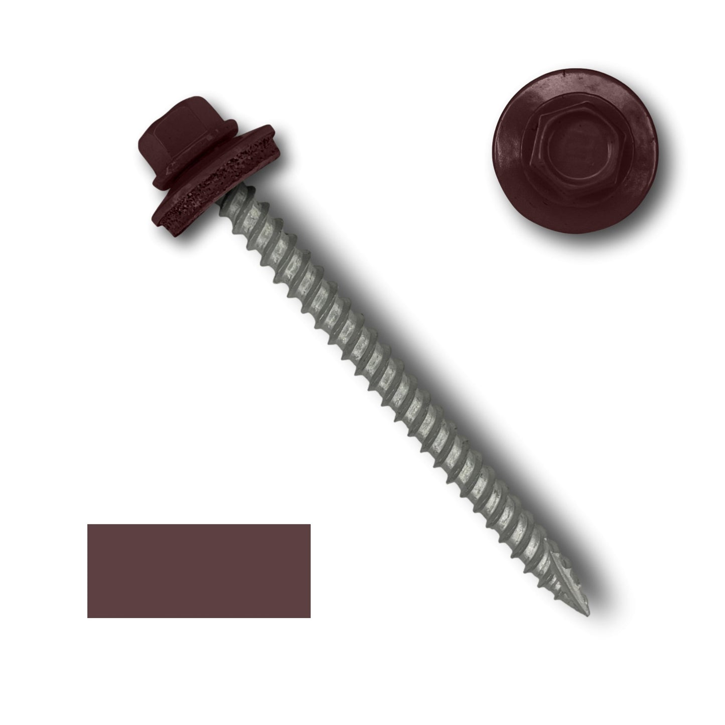 An image of a maroon-colored #10 Metal Roofing Screws (Metal-to-Wood) with a EPDM rubber washer, displayed both side-on and top-down. The screw has wide course threads along the shaft and a pointed end. A solid maroon color swatch is shown in the lower-left corner.