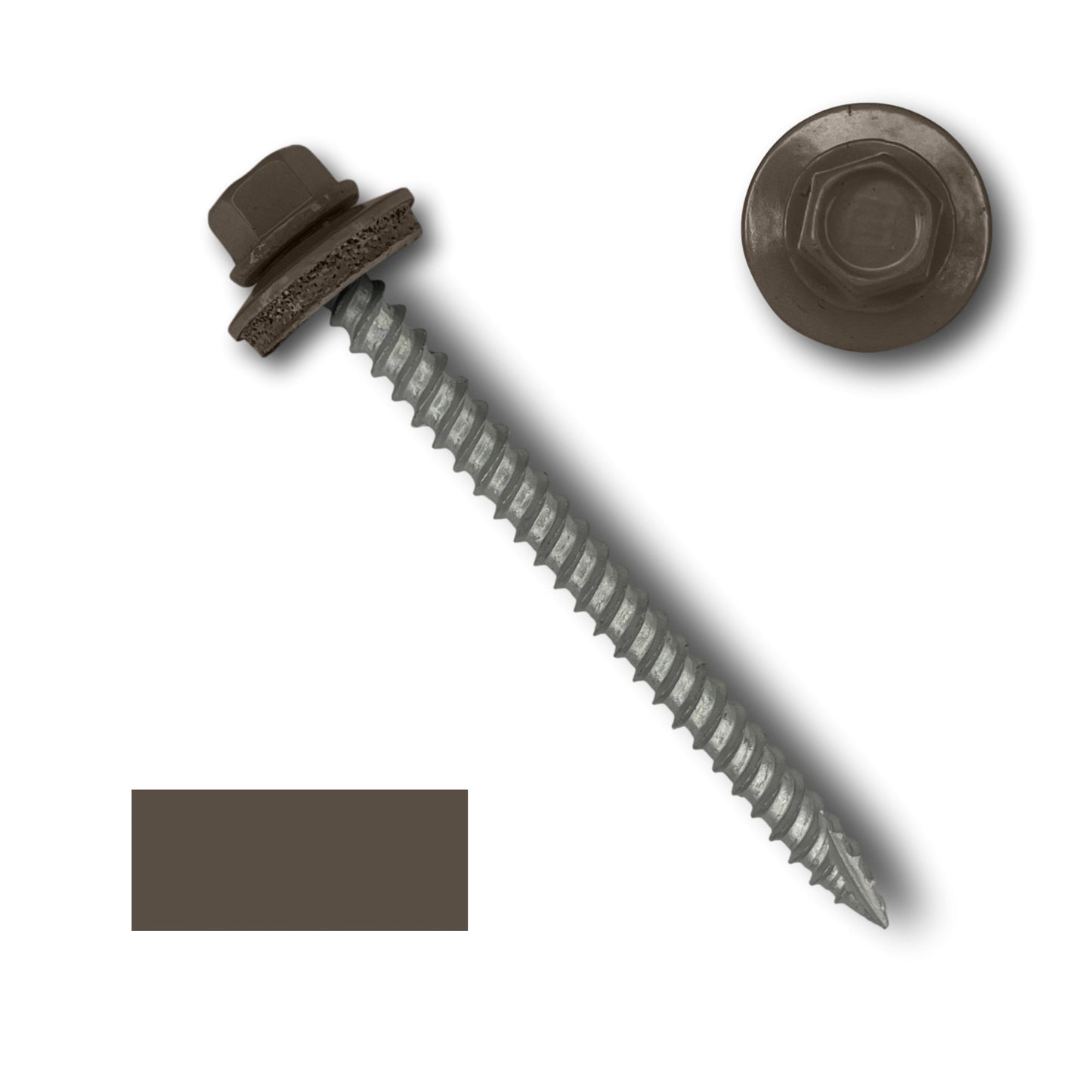 A #10 Metal Roofing Screws (Metal-to-Wood) from Perma Cover with an EPDM rubber washer, featuring a dark brown coating, is displayed. The image includes an enlarged view of the 1/4' hex head and a sample swatch of the coating color. The screw has wide course threads and a pointed, threaded metal shaft.