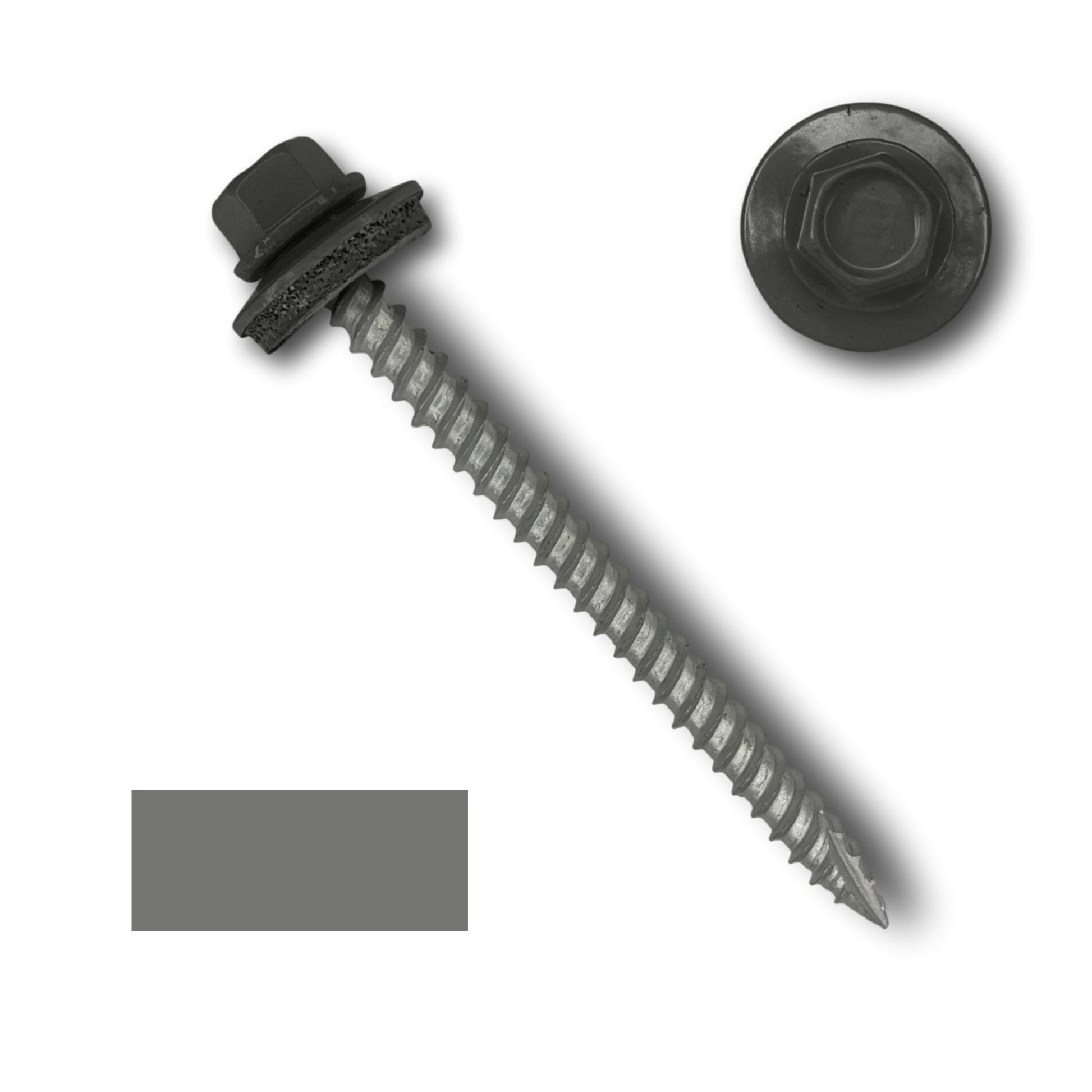 A Perma Cover #10 Metal Roofing Screw (Metal-to-Wood) with a 1/4" hex head and attached black EPDM rubber washer is depicted. The sharp-tipped, wide course threaded shank is visible, with a close-up of the hex head shown above. A rectangular gray color swatch is also present beside the screw.