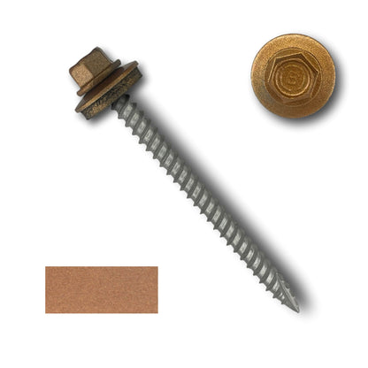 A #10 Metal Roofing Screws (Metal-to-Wood) with wide coarse threads and an EPDM rubber washer, featuring a brown finish, shown from different angles. The main image depicts a side view of the Perma Cover hex head screw, a second top-down view of the hex head, and a brown rectangular color sample.