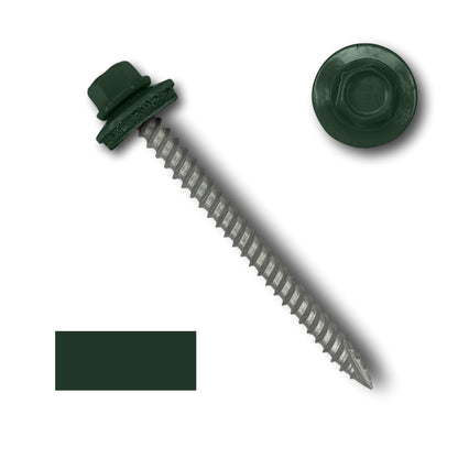 A green hex-headed self-tapping screw with a 1/4' hex head and an EPDM rubber washer is shown against a white background. The screw has a metallic threaded shaft with wide coarse threads and a sharp point. A close-up view of the hex head and a green color swatch are also displayed. The product, Perma Cover #10 Metal Roofing Screws (Metal-to-Wood), exemplifies these features perfectly.