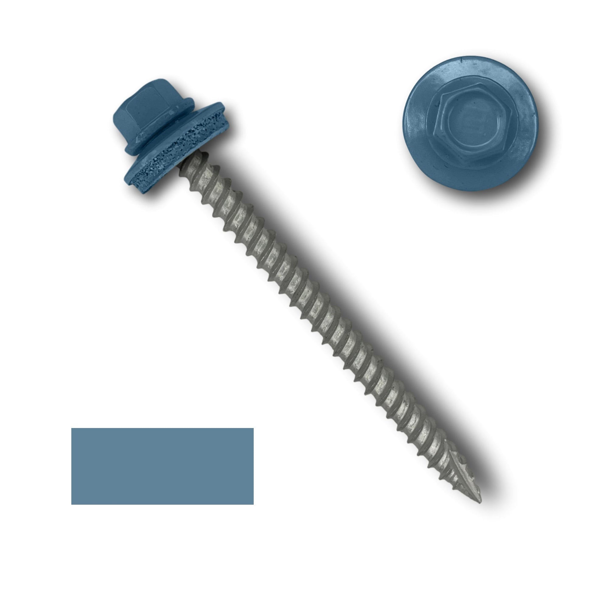 A blue 1/4' hex head #10 Metal Roofing Screws (Metal-to-Wood) from Perma Cover featuring a metal washer with a durable EPDM rubber grommet. The screw boasts wide course threads and a sharp, pointed end for easy installation. Included are top-down views of the screw head and a blue color swatch for reference.