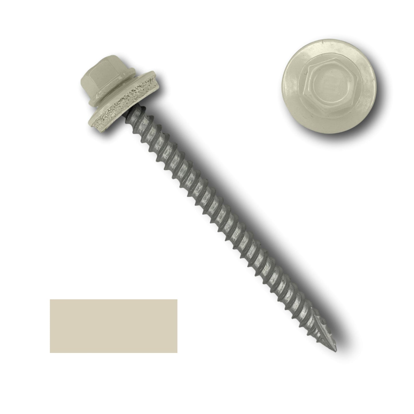 Close-up image of a #10 Metal Roofing Screws (Metal-to-Wood) with an EPDM rubber sealing washer. The 1/4" hex head screw features a pointed tip and wide coarse threads. There is a separate top-down view of the screw head showing its hexagonal shape, along with a small beige swatch. These screws are branded Perma Cover.