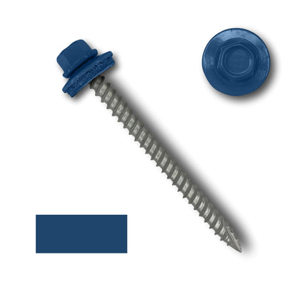 A blue 1/4' hex head screw with an EPDM rubber washer is displayed diagonally against a white background. The head and washer are also shown separately in close-up view, highlighting the wide course threads. A blue color swatch matching the screw head is placed on the left side of the image. The product is identified as Perma Cover #10 Metal Roofing Screws (Metal-to-Wood).