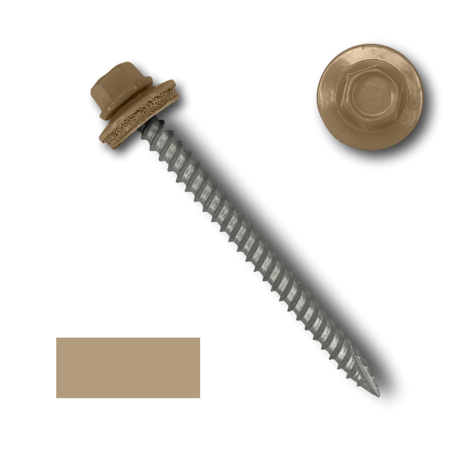 A #10 Metal Roofing Screws (Metal-to-Wood) from Perma Cover with a 1/4" hex head and an EPDM rubber washer below the head is shown on a white background. Next to it, there is a close-up of the head and washer assembly, and a brown rectangular color sample that matches the head and washer.