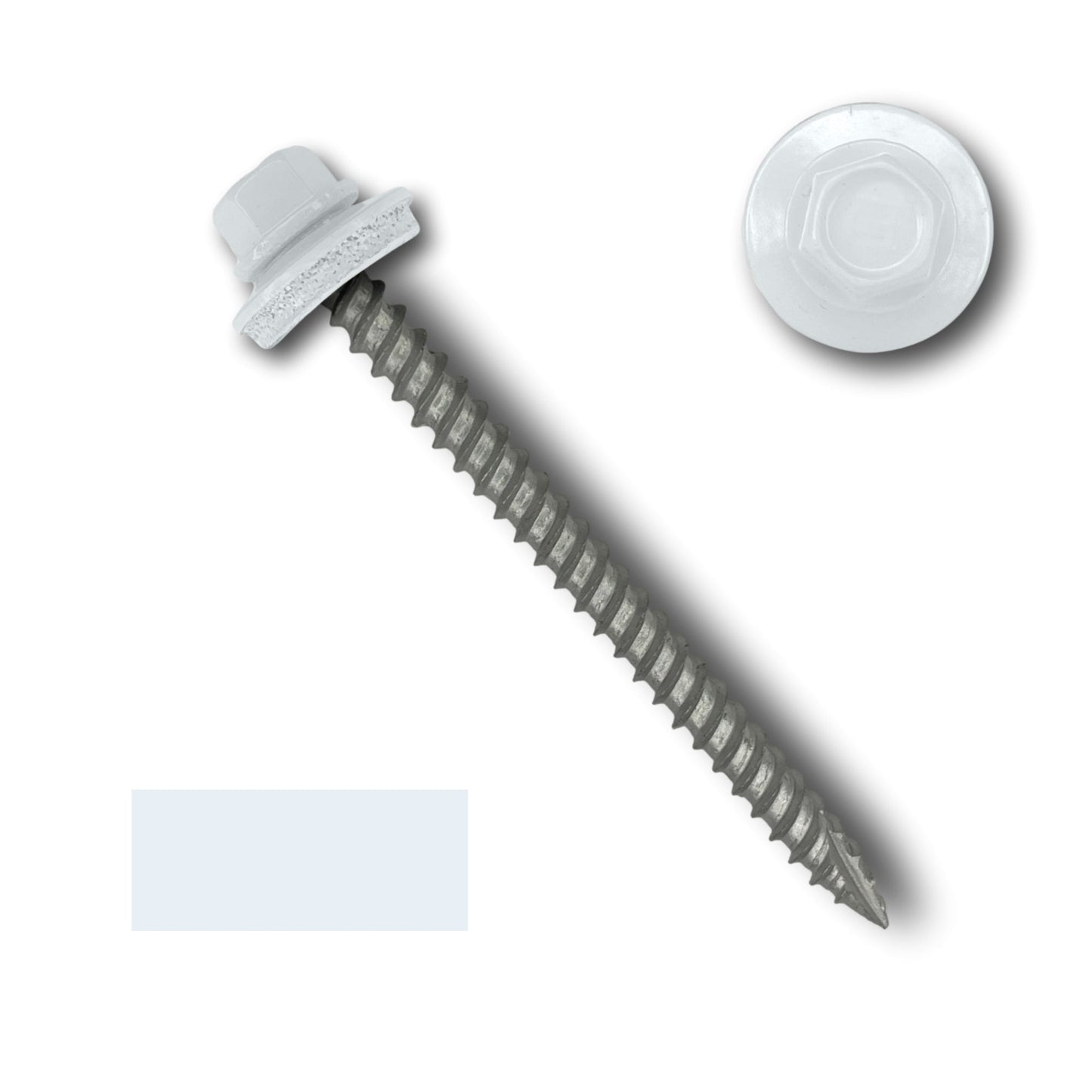 An image showing a Perma Cover #10 Metal Roofing Screws (Metal-to-Wood) with a pointed end and wide coarse threads. The screw features a white 1/4" hexagonal head with an EPDM rubber washer. A close-up of the screw's head is displayed in the top right corner of the image.