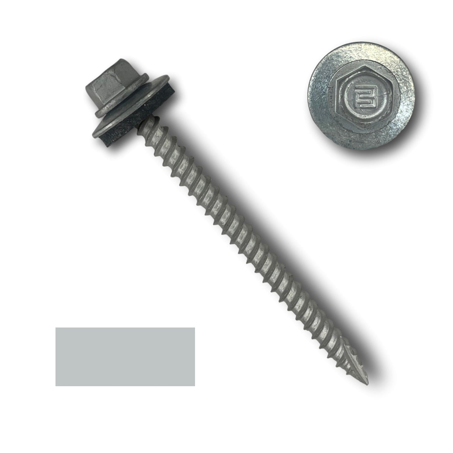 A Perma Cover #10 Metal Roofing Screws (Metal-to-Wood) with a washer, shown from a side and top angle. The screw has wide course threads and a sharp tip, with a 1/4" hex head on top. An EPDM rubber washer is fitted beneath the head. A small rectangular piece of gray metal is located to the lower left of the image.